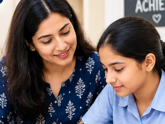 A home tutor smiling as a Class XII student writes in her notebook