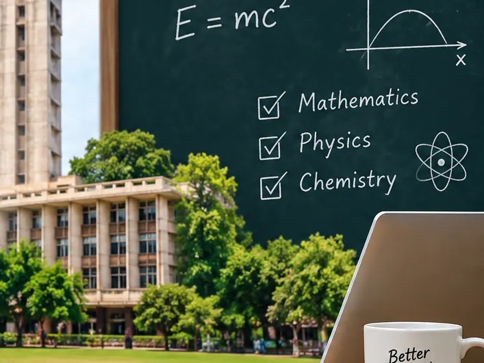 An engineering college building beside a chalkboard listing Mathematics, Physics and Chemistry