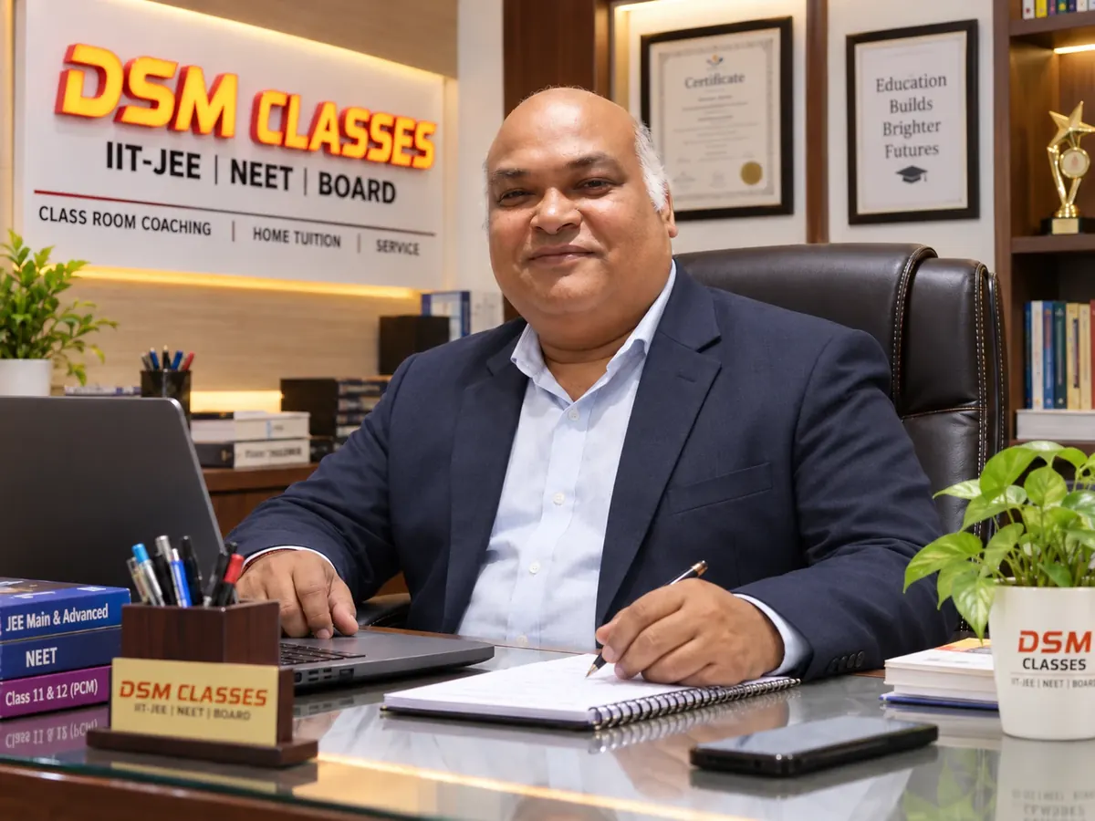 Dheeraj Kumar, founder of DSM Classes, seated at his desk in the institute office