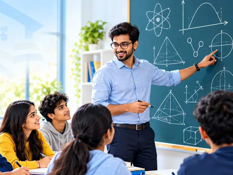 A teacher explaining diagrams on a chalkboard to a group of attentive students