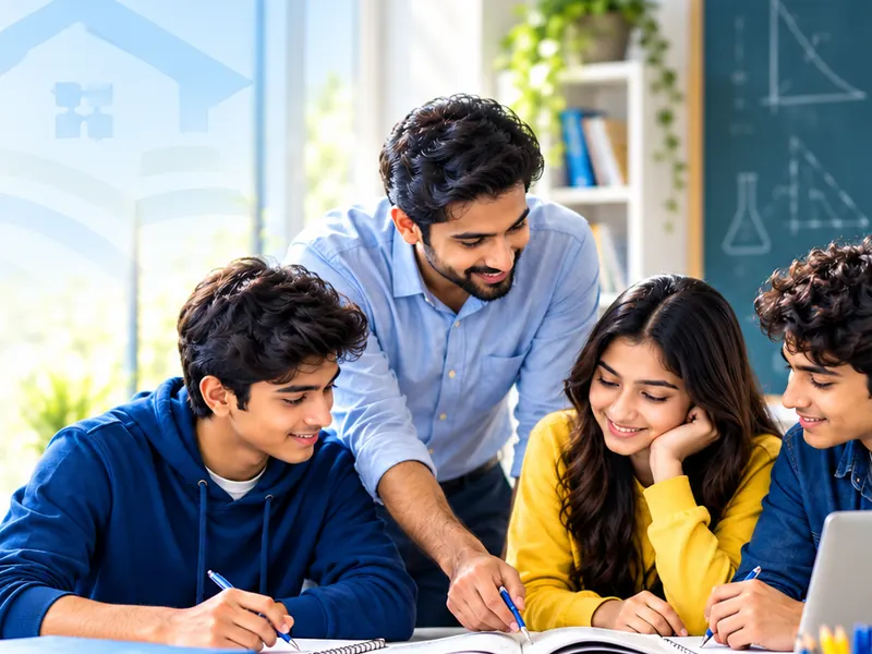 A mentor guiding three students as they solve problems together at a desk