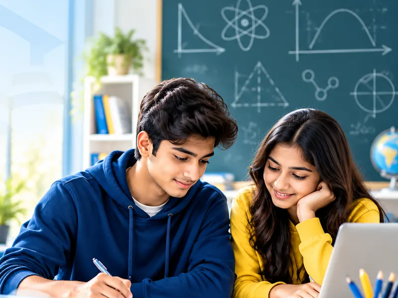 Two students studying together, writing answers in their notebooks